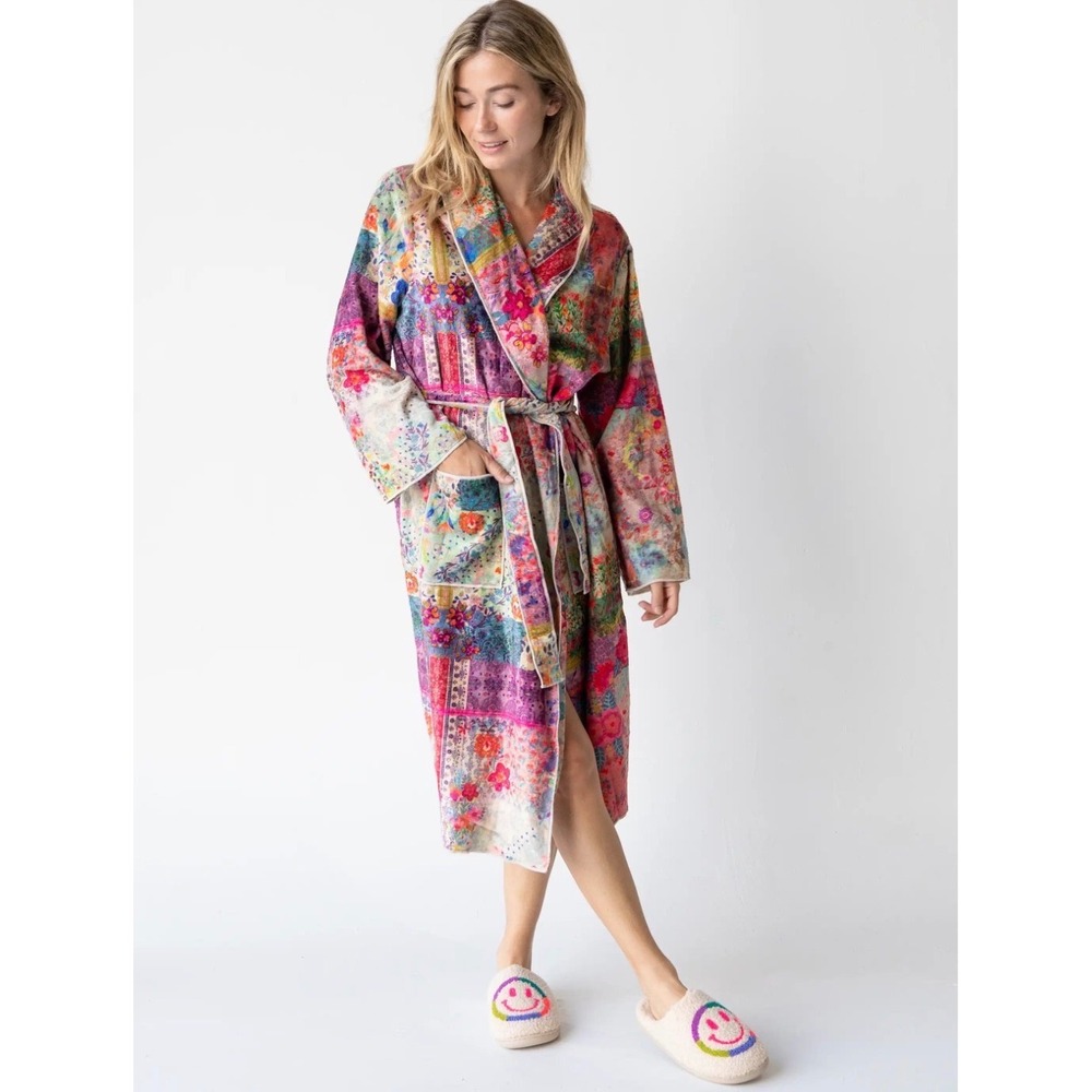 Natural Life XL Cozy Blanket Robe Floral Patchwork Fleece Bright Boho